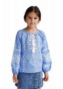 Embroidered shirt for a girl, blue linen with white embroidery, 104
