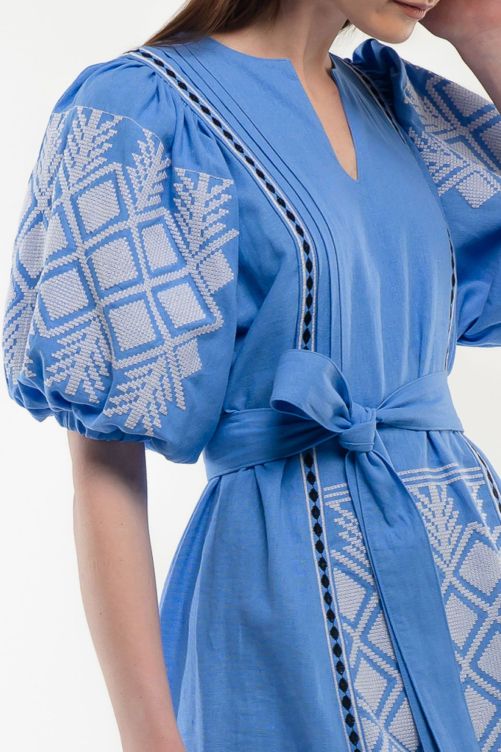Women's blue dress with white embroidery, XL/XXL