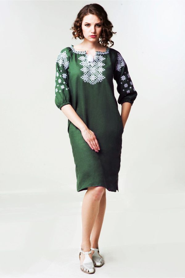 Green Linen Dress with White Embroidery, XS