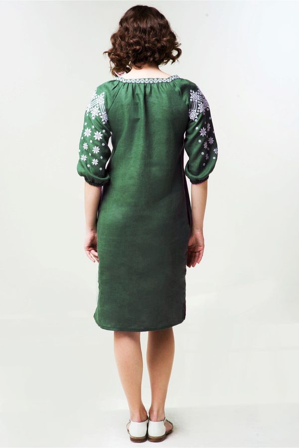 Green Linen Dress with White Embroidery, XL