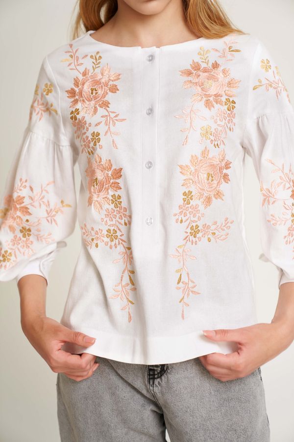 Women's White Shirt with Pink Flowers, XS