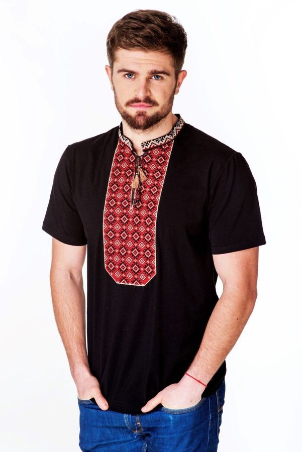 Men's Black Embroidered T-Shirt with Red Ornament, S