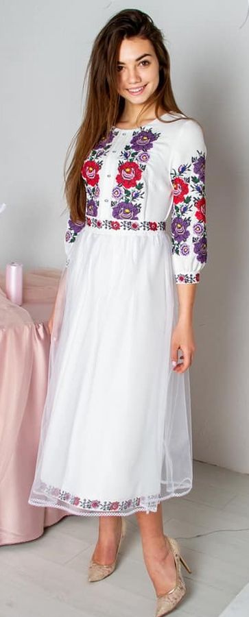White Fatin Dress with Embroidered Flowers , S