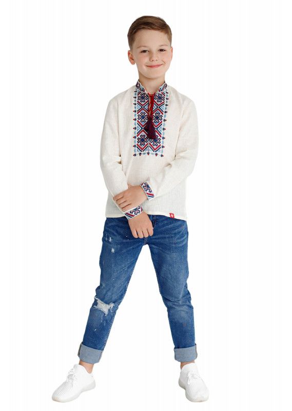 Embroidered shirt for boy, creamy linen with colorful embroidery, 110