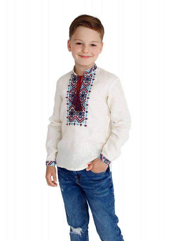 Embroidered shirt for boy, creamy linen with colorful embroidery, 158