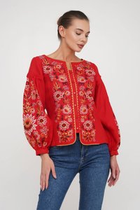 Women's Red Linen Shirt with Floral Ornament, 44