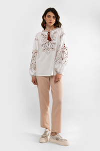 Women's embroidered shirt of milk color with red ornament, XS/S