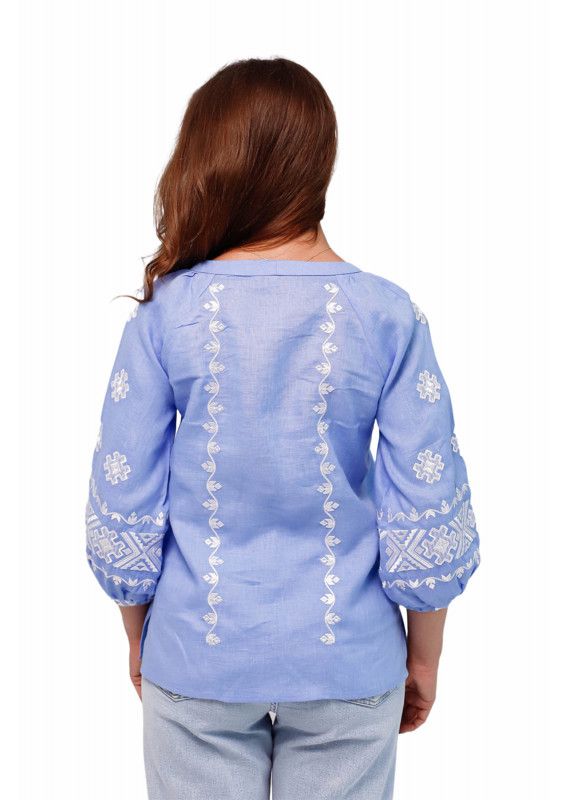 Women's blue embroidered shirt with white embroidery, XS