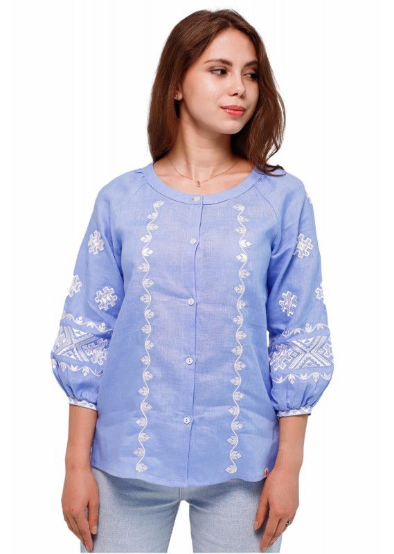 Women's blue embroidered shirt with white embroidery, XS