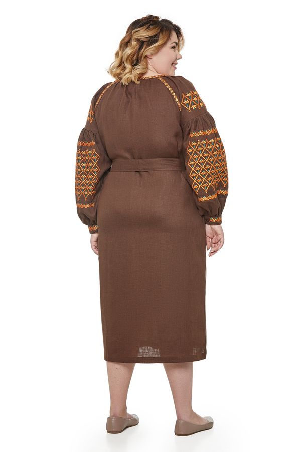 Linen Midi Dress in Brown Color, M