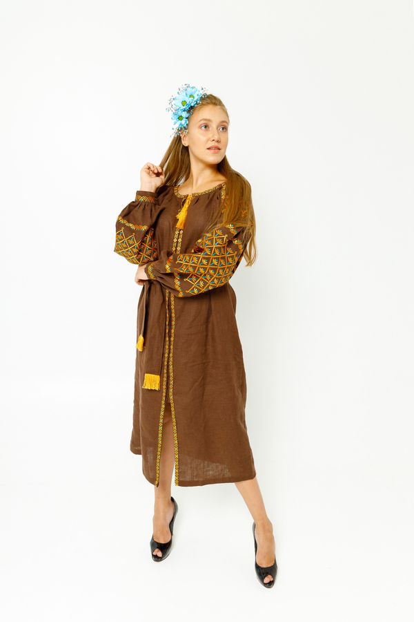 Linen Midi Dress in Brown Color, S