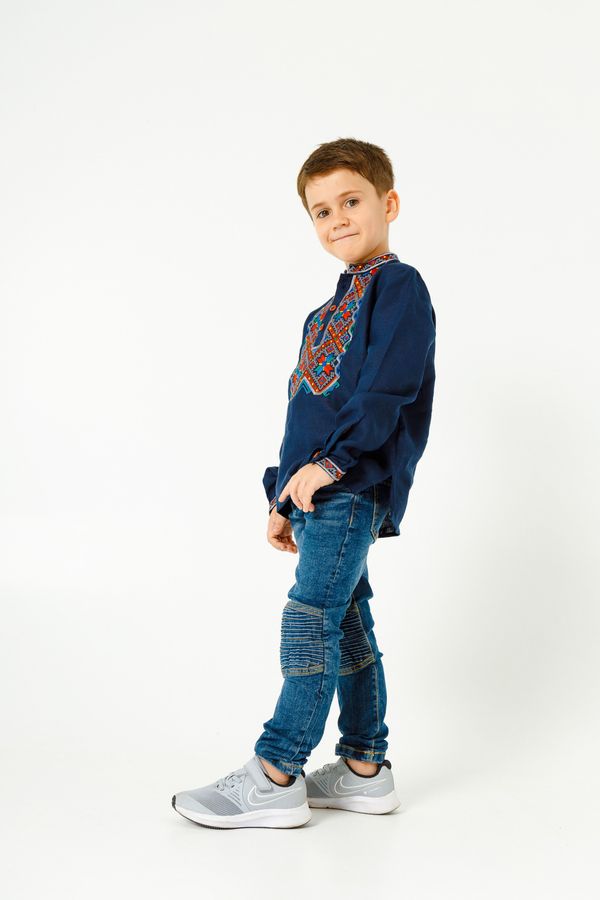 Boys' Embroidered Shirt in Dark Blue Color on Buttons, 110