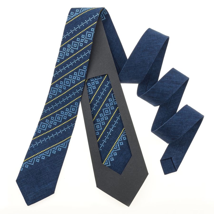 Синя краватка з жовто-блакитним орнаментом по діагоналі