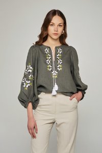 Women's Khaki Linen Shirt with Floral Ornament, XL