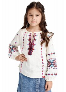 Cream-colored embroidered shirt for a girl with colorful embroidery, 134