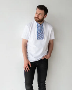 Men's white T-shirt with Blue and Dark-blue Embroidery, S