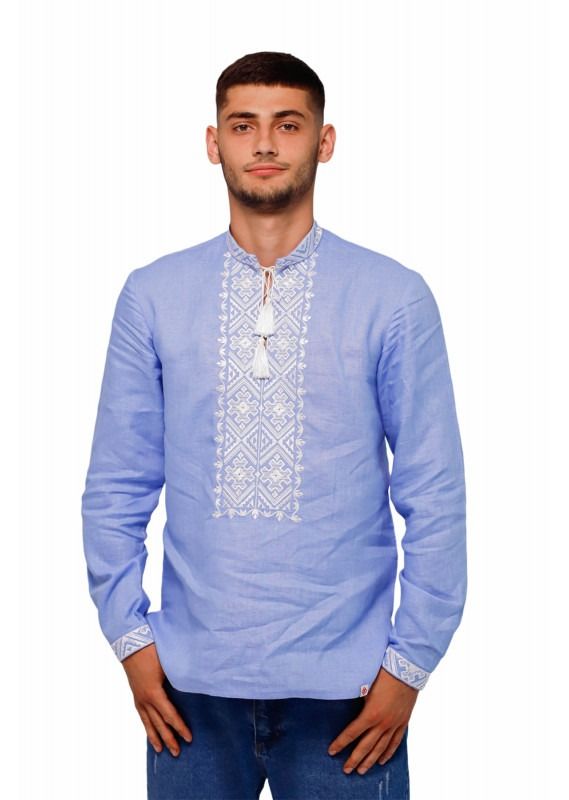 Чоловіча сорочка блакитного кольору з білою вишивкою , XL