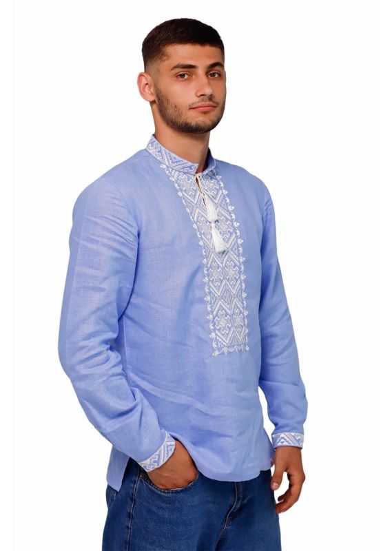 Men's blue shirt with white embroidery , XL