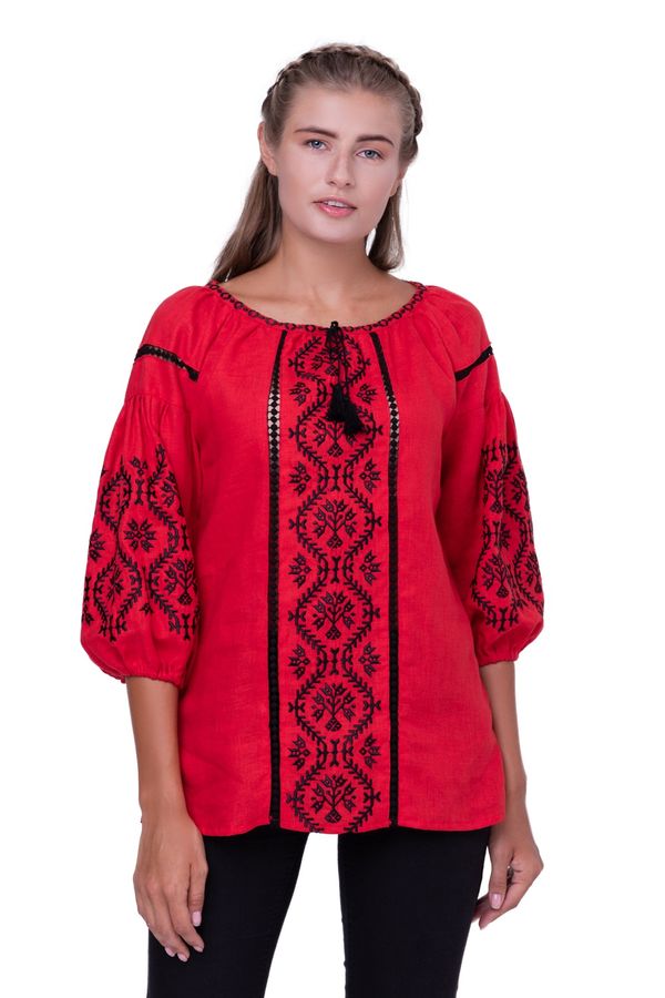 Women's Red Linen Embroidered Shirt Lada, M