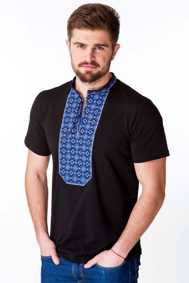 Men's Black Embroidered T-Shirt with Dark-blue Ornament, S