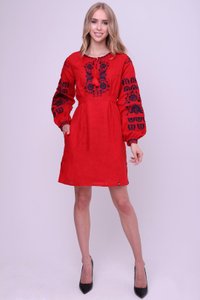 Embroidered Linen Dress in Soft Red Color with Dark Blue Ornament (Defect), L