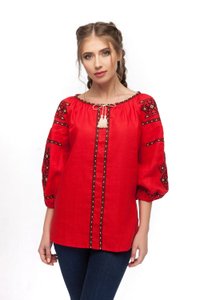 Dark Red Linen Embroidered Shirt with Geometric Ornament, S