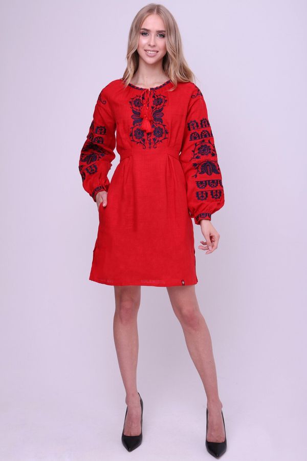 Embroidered Linen Dress in Soft Red Color with Dark Blue Ornament (Defect), M