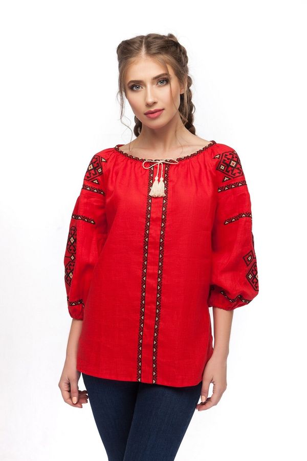 Dark Red Linen Embroidered Shirt with Geometric Ornament, M