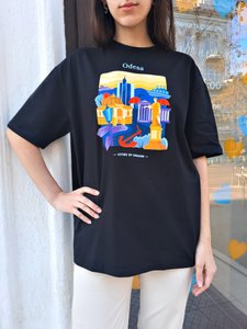 Unisex black T-shirt with patriotic print - Odesa city, S