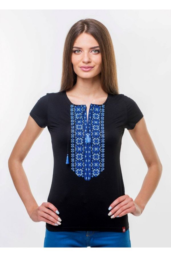 Women's Black Embroidered T-Shirt with Blue Ornament, S