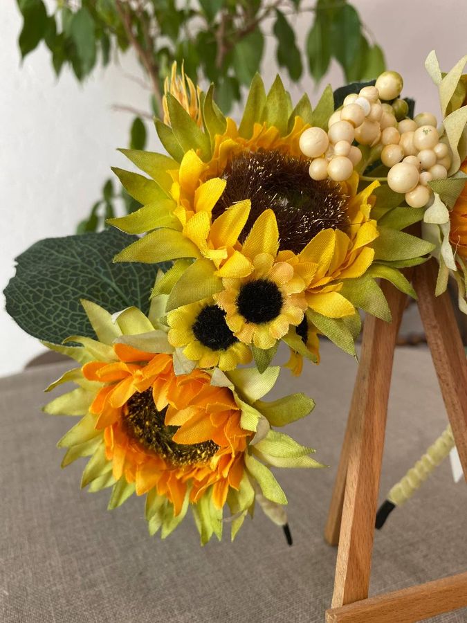 yellow headband with orange sunflowers and wheat