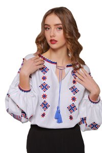 Жіноча вишиванка білого кольору з блакитно-червоною вишивкою, XL/XXL