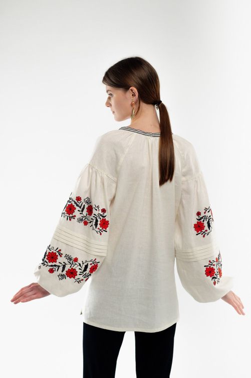 Women's embroidered shirt of milk color with red and black ornament, XS/S