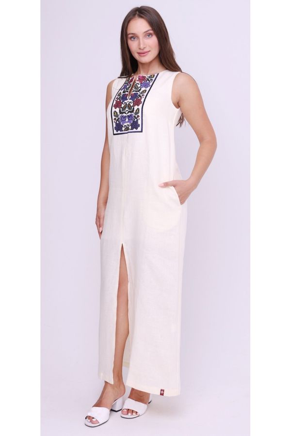 Sleeveless Long Linen Dress with Coloured Floral Embroidery, XS