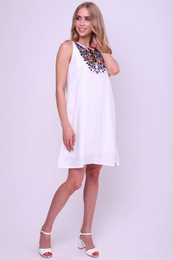 White Linen Embroidered Dress with Coloured Flowers, XS