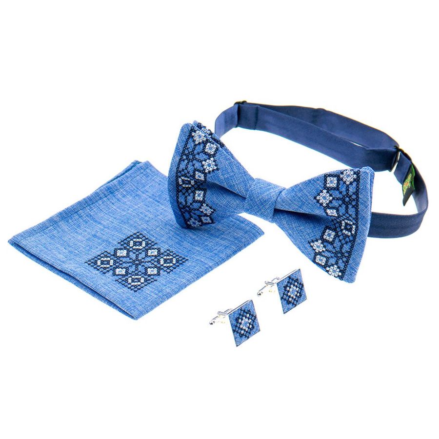 Embroidered Set in Blue Color, Bow Tie & Pocket Square & Cuff Links