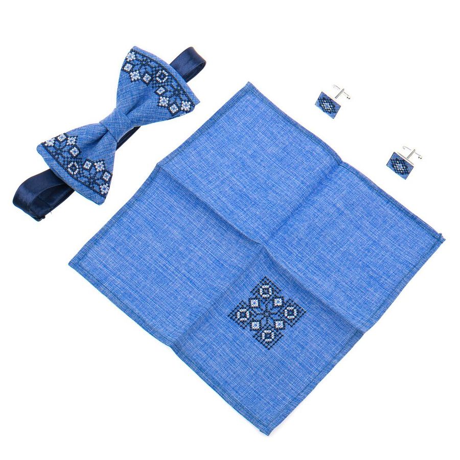 Embroidered Set in Blue Color, Bow Tie & Pocket Square & Cuff Links