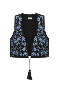 Vest ‘Thistle’ embroidery blue, linen black, XS/S