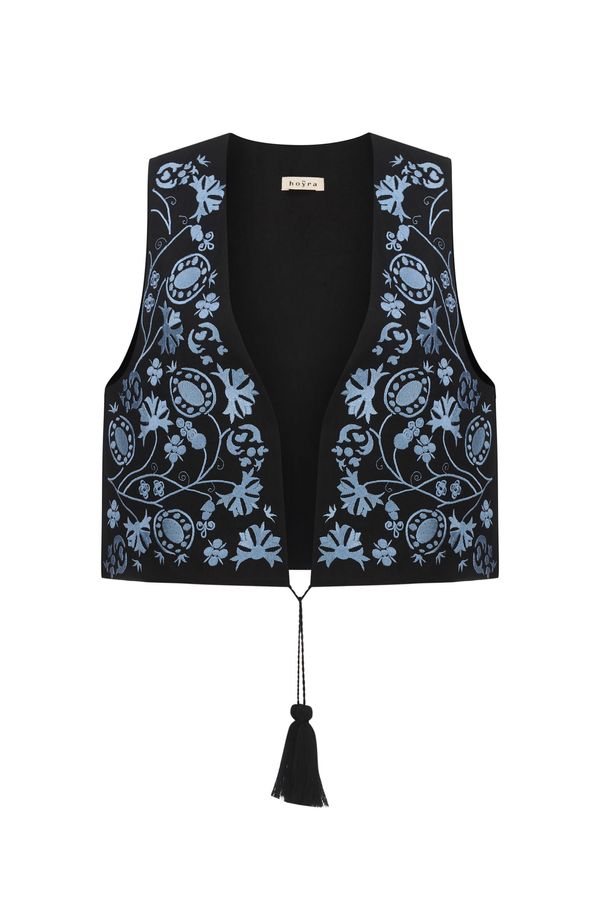 Vest ‘Thistle’ embroidery blue, linen black, XS/S