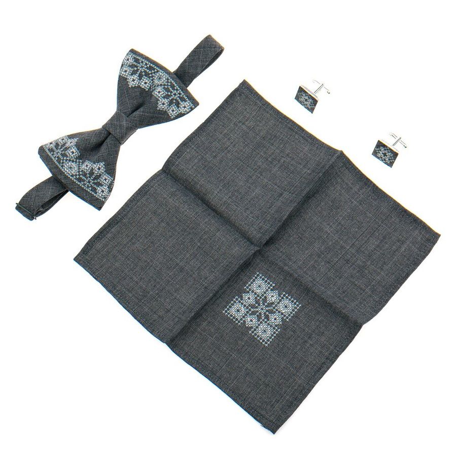Bow Tie & Pocket Square & Cuff Links Embroidered Set in Gray Color