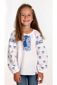 Girls' Embroidered Shirts in White Cotton with Blue Ornament, 122