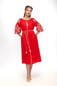 Women's red dress with beige embroidery, S