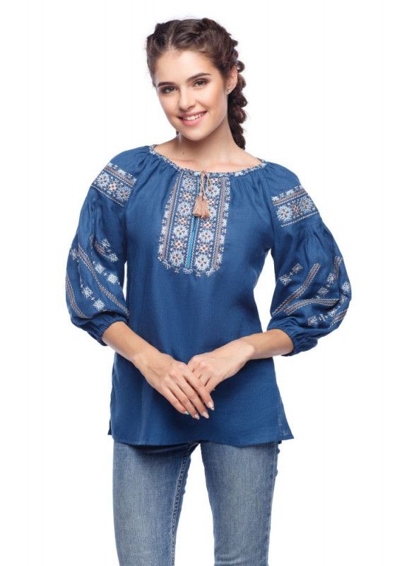 Women's Linen Embroidered Shirt in Dark Blue Color, 46