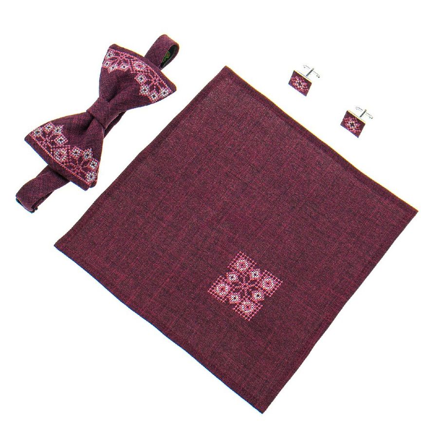 Bordeaux Embroidered Set, Bow Tie & Pocket Square & Cufflinks