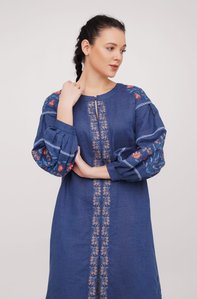 Women's Navy-blue Dress with Blue and Pink Embroidery, 48