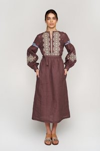 Жіноча сукня кавового кольору з бежево-блакитною вишивкою, M