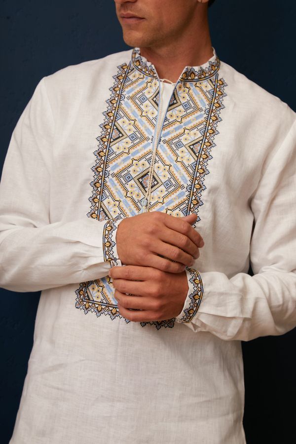 Men's White Shirt with Blue and Beige Embroidery, 46