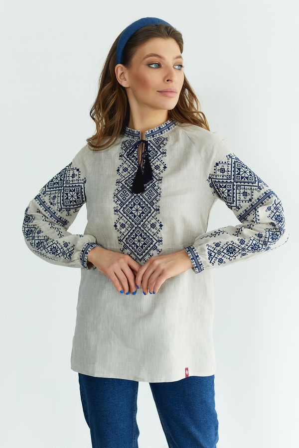Women's Gray Linen Shirt with Blue Embroidery, L