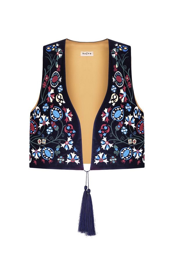 Vest "Thistle" embroidery coloured, linen navy blue, M/L