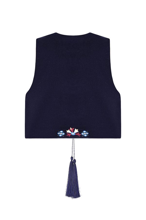 Vest "Thistle" embroidery coloured, linen navy blue, M/L